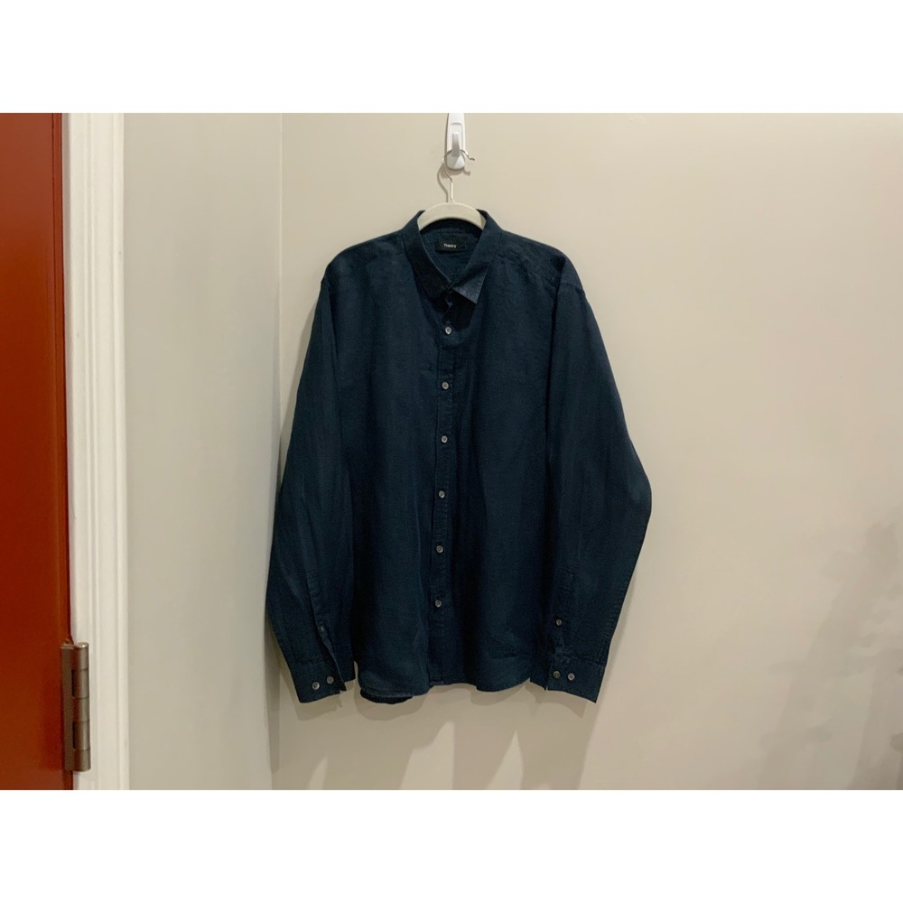 Theory Mens Zack PS Pbetan 100% Linen Button Down Shirt Navy Blue XL